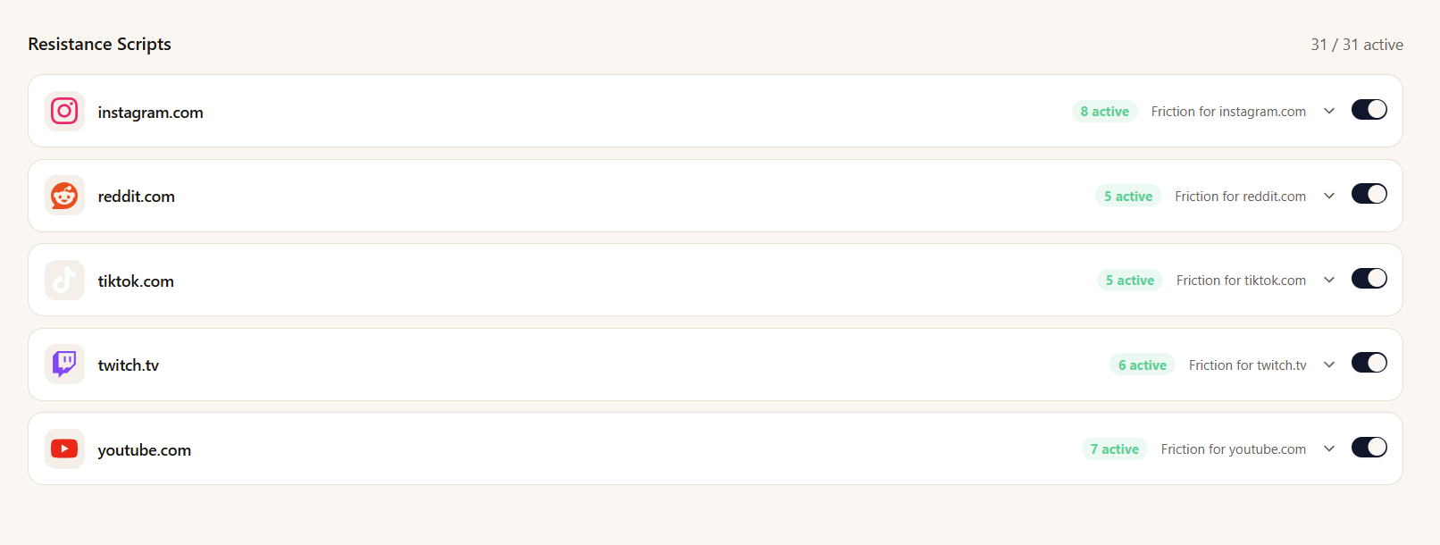 Resistance Scripts feature showing active friction scripts for Instagram, Reddit, TikTok, Twitch and YouTube